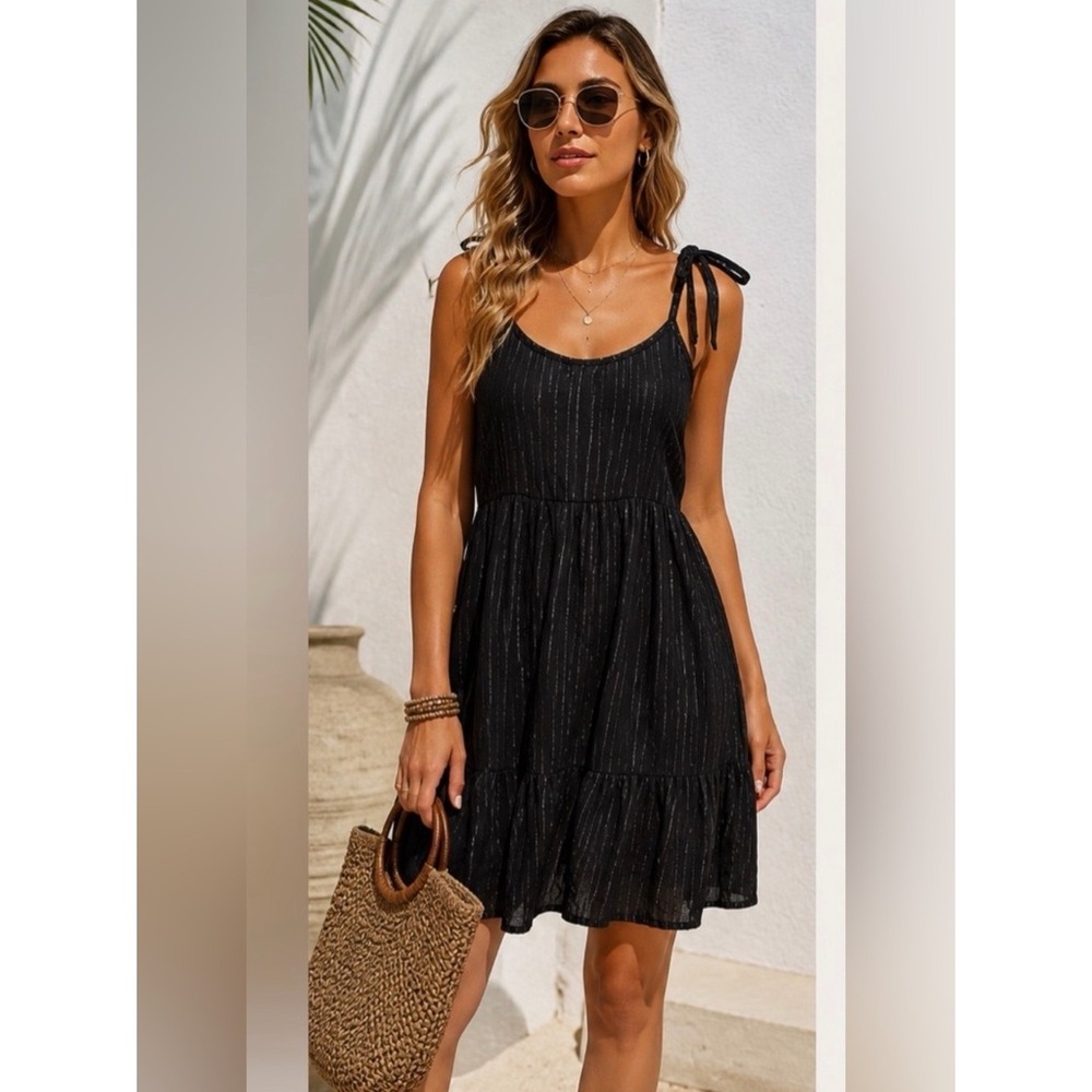 Miken Swim Womens Black Gold Metallic Pinstripe Tiered Mini Dress NEW Small